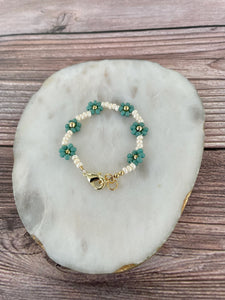 14K Gold Filled Floral Bracelet - Teal + Ivory