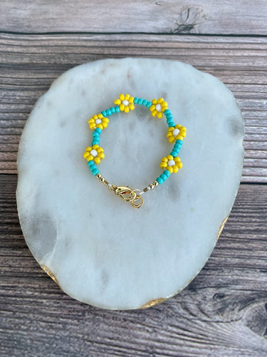 14K Gold Filled Floral Bracelet - Turquoise + Yellow